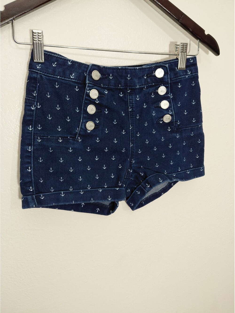 Women's Navy Blue Anchor Print Denim Shorts Size 0 with Button Detail